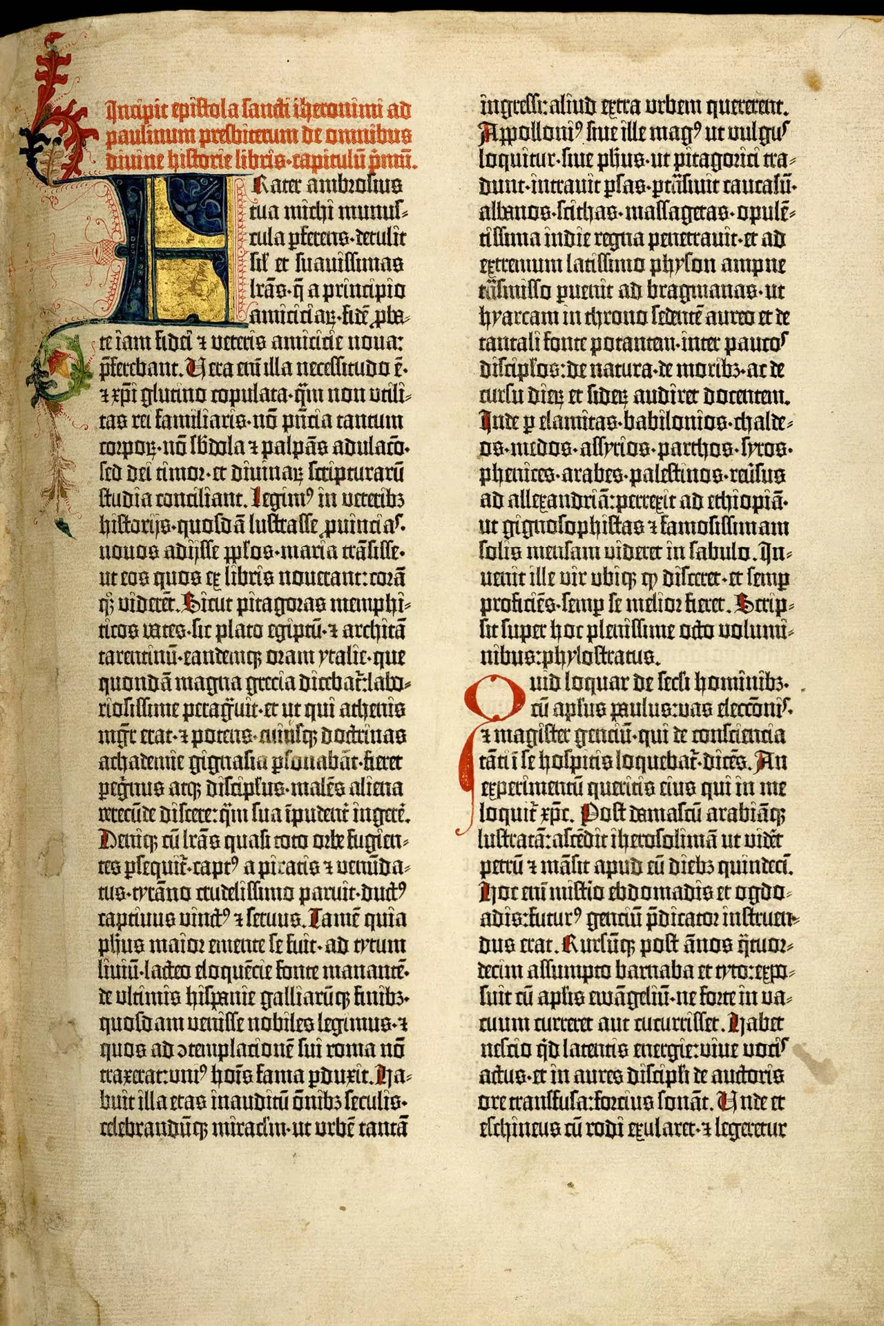 Der Anfang der Gutenberg-Bibel, Teil 1. Altes Testament, Vorrede des Hieronymus, lateinischer Text im Buchdruck mit Verzierung.