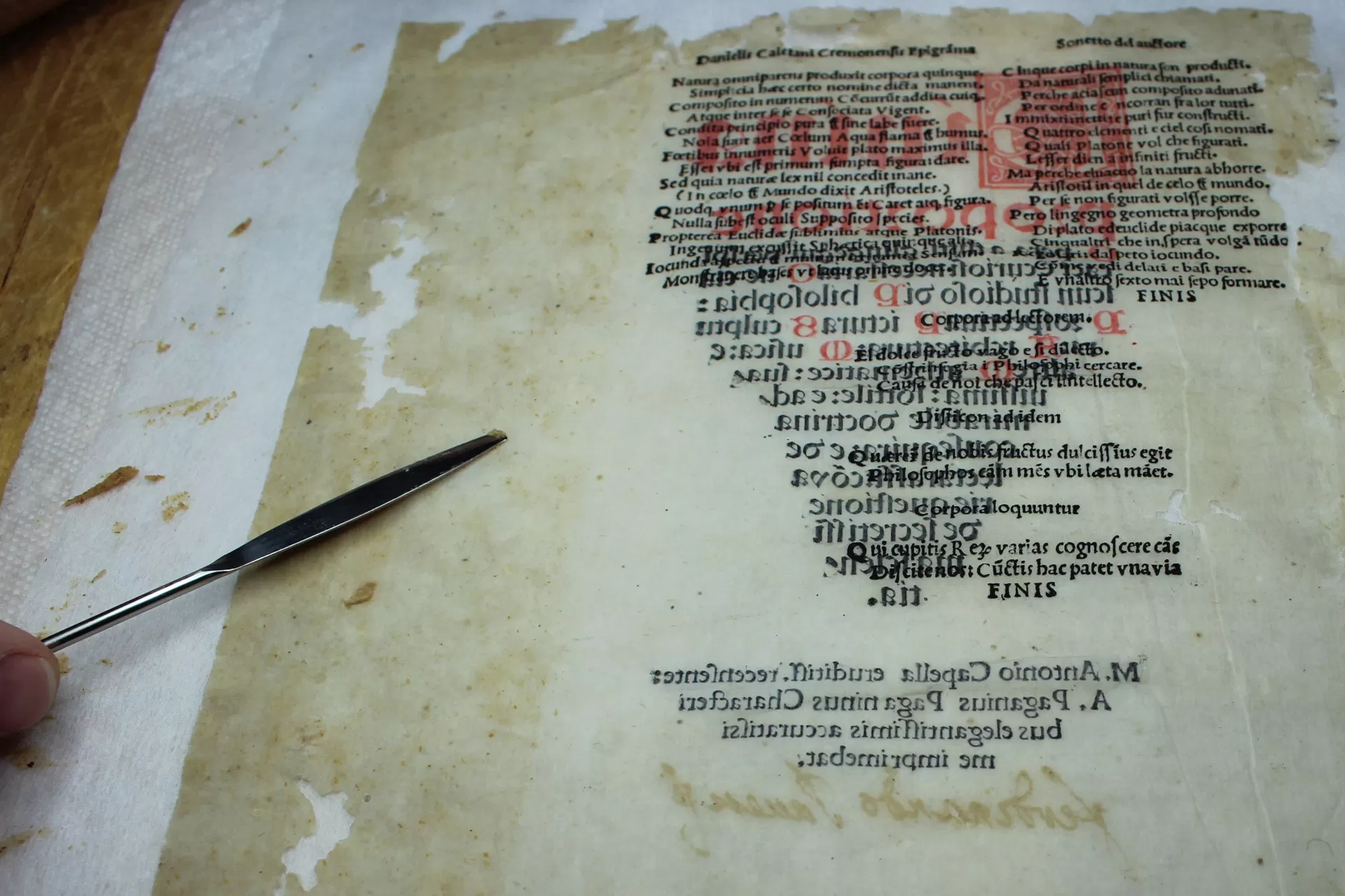 Restaurierung eines antiken Buches durch Waschen jeder Seite von Hand. Die Tinte ruht auf den Fasern des Papiers.