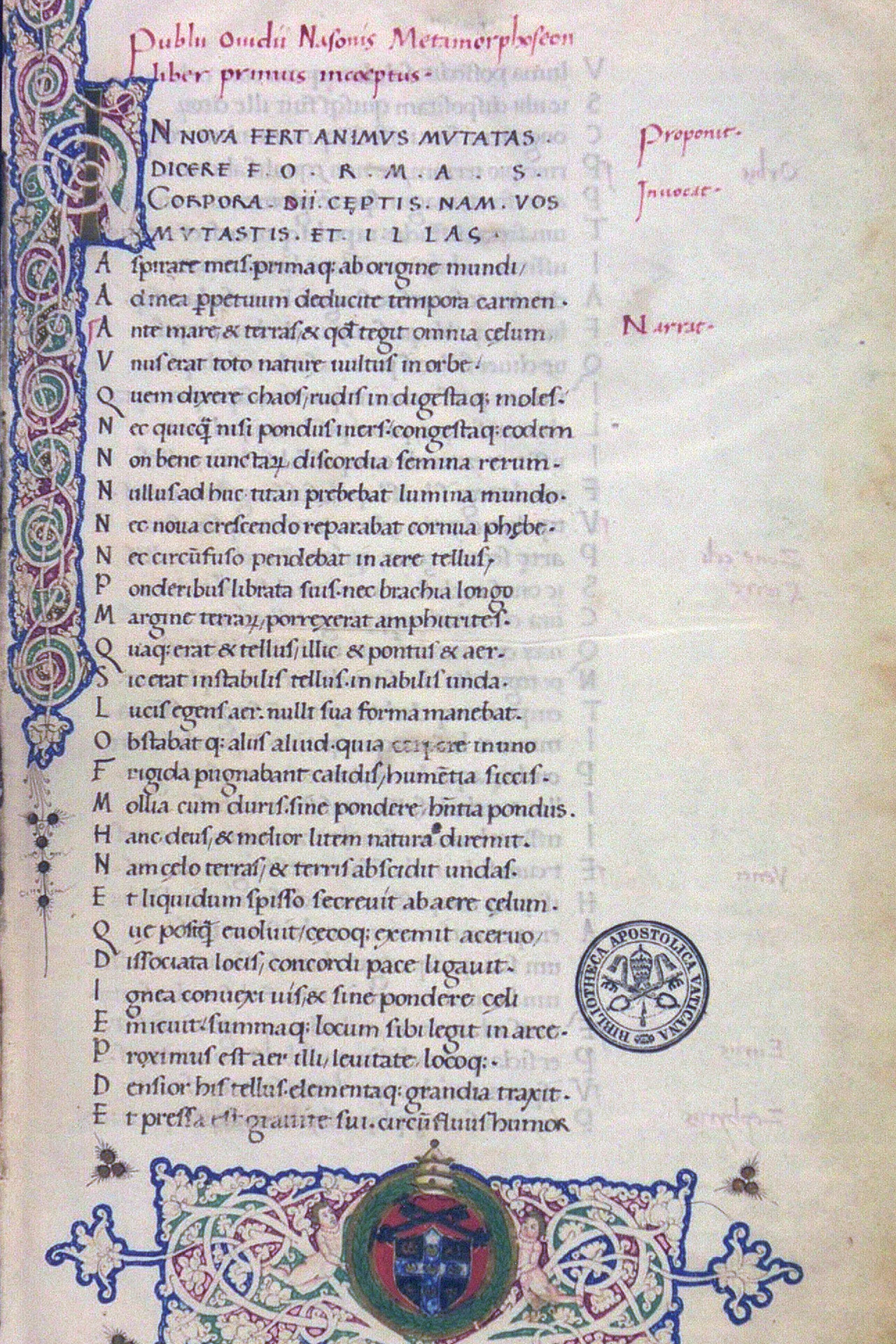 Der Anfang der Metamorphosen von Ovid in Latein in der Handschrift Biblioteca Apostolica Vaticana, aus dem 15. Jahrhundert.