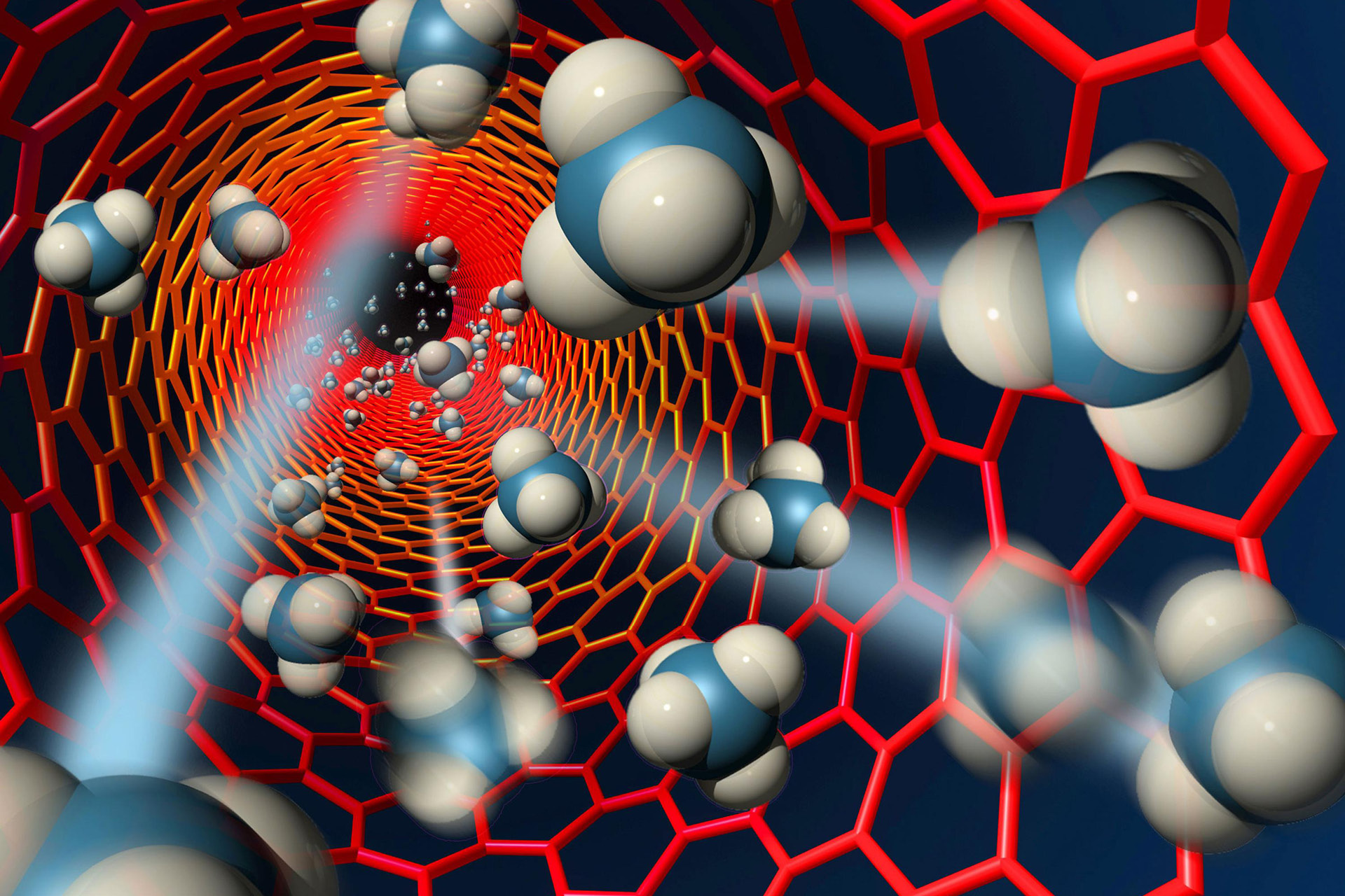 Darstellung von Methanmolekülen, die durch eine Kohlenstoffnanoröhre mit einem Durchmesser von weniger als zwei Nanometern fliessen.