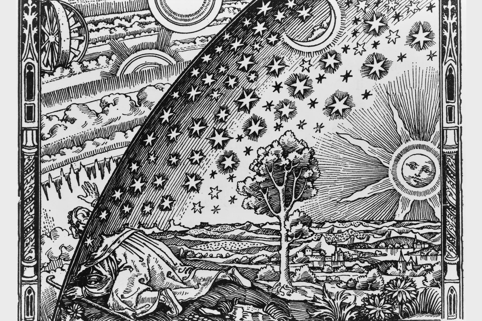 Weltbild, Flammarions Holzstich – erstmals erschienen in L’atmosphère, Paris 1888, als Illustration zu «La forme du ciel» im Kapitel «Le jour».