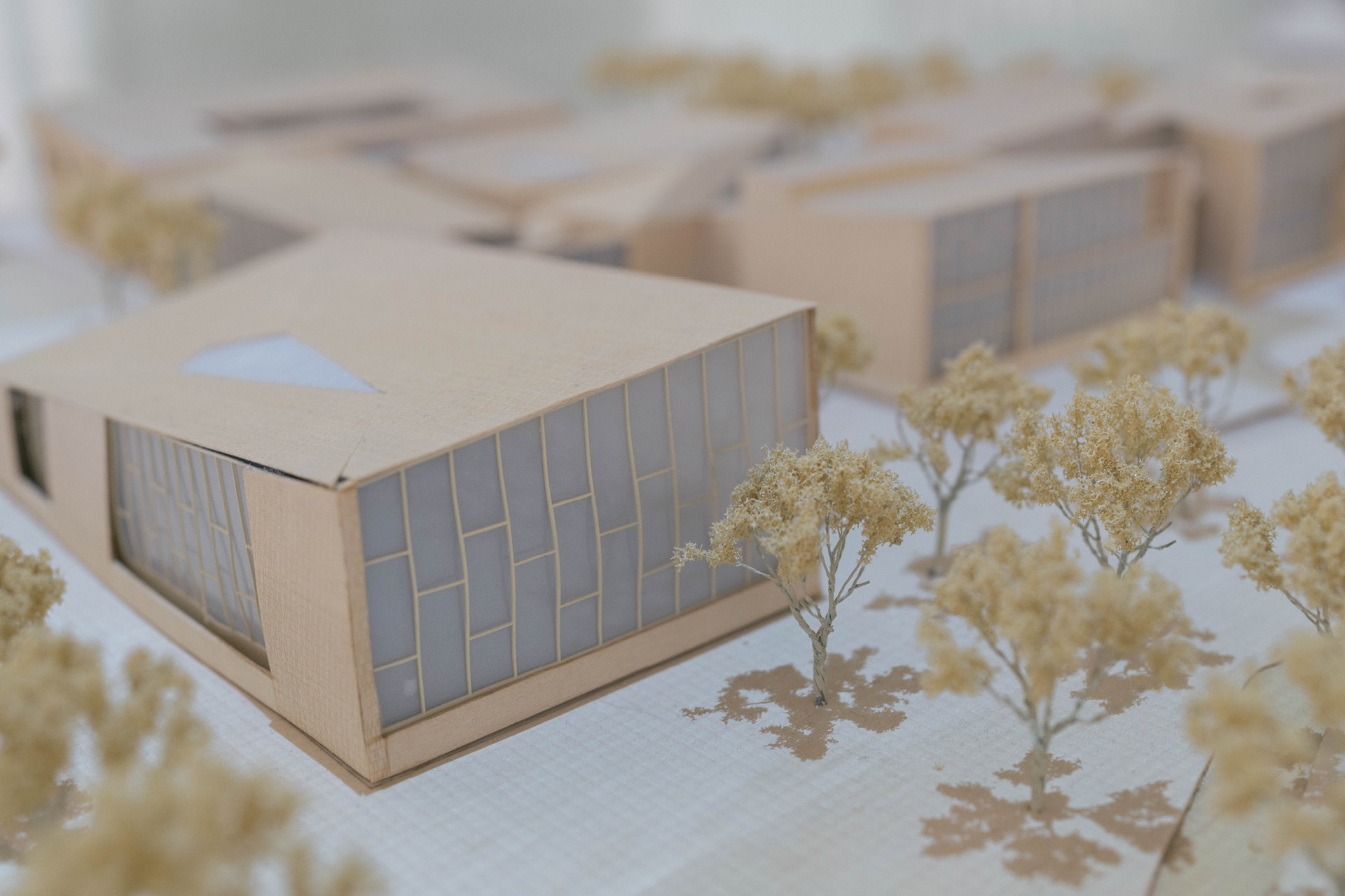 Architektrumodell von mehreren Gebäudeblöcken mit grossen Fenstern.