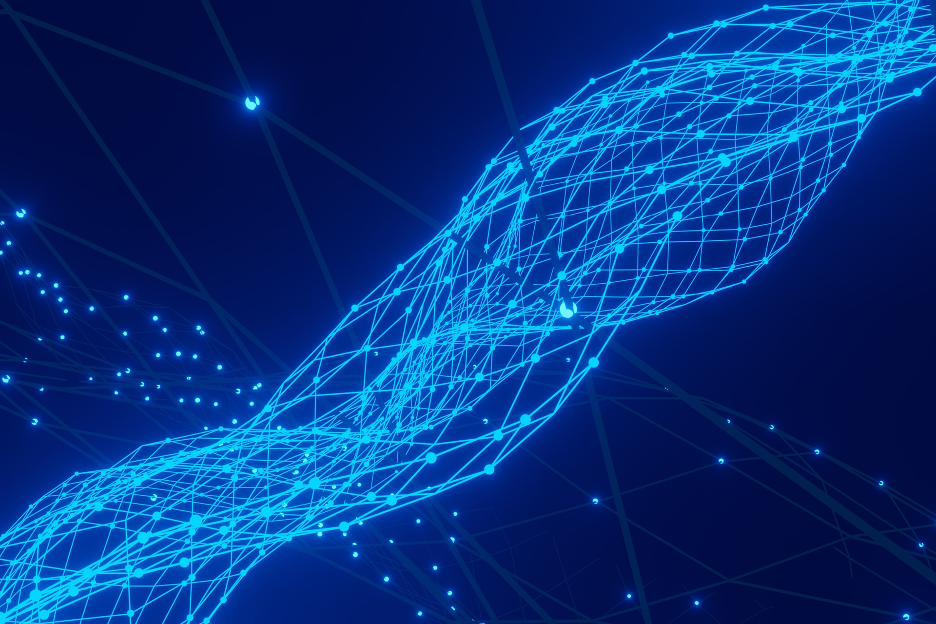 Computersimulation aus blauen Lichtpunkten und Linien.