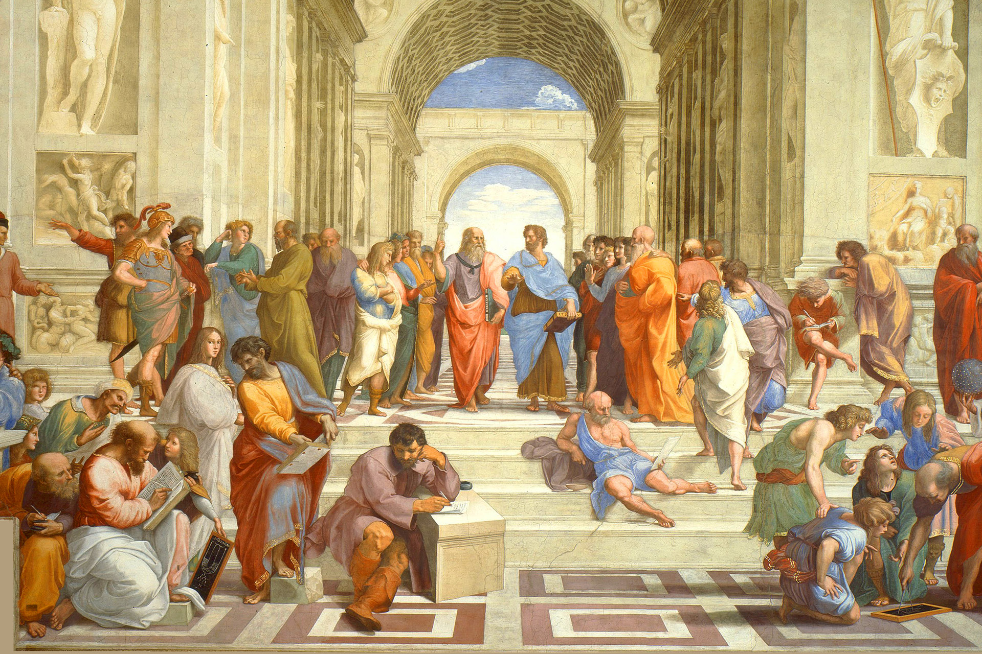 Platon und Aristoteles, Die Schule von Athen, Fresko des Malers Raffael, 1511, Stanza della Segnatura, Vatikan. Das Fresko verherrlicht im Sinne der Renaissance das antike Denken als Ursprung der europäischen Kultur, ihrer Philosophie und Wissenschaften.